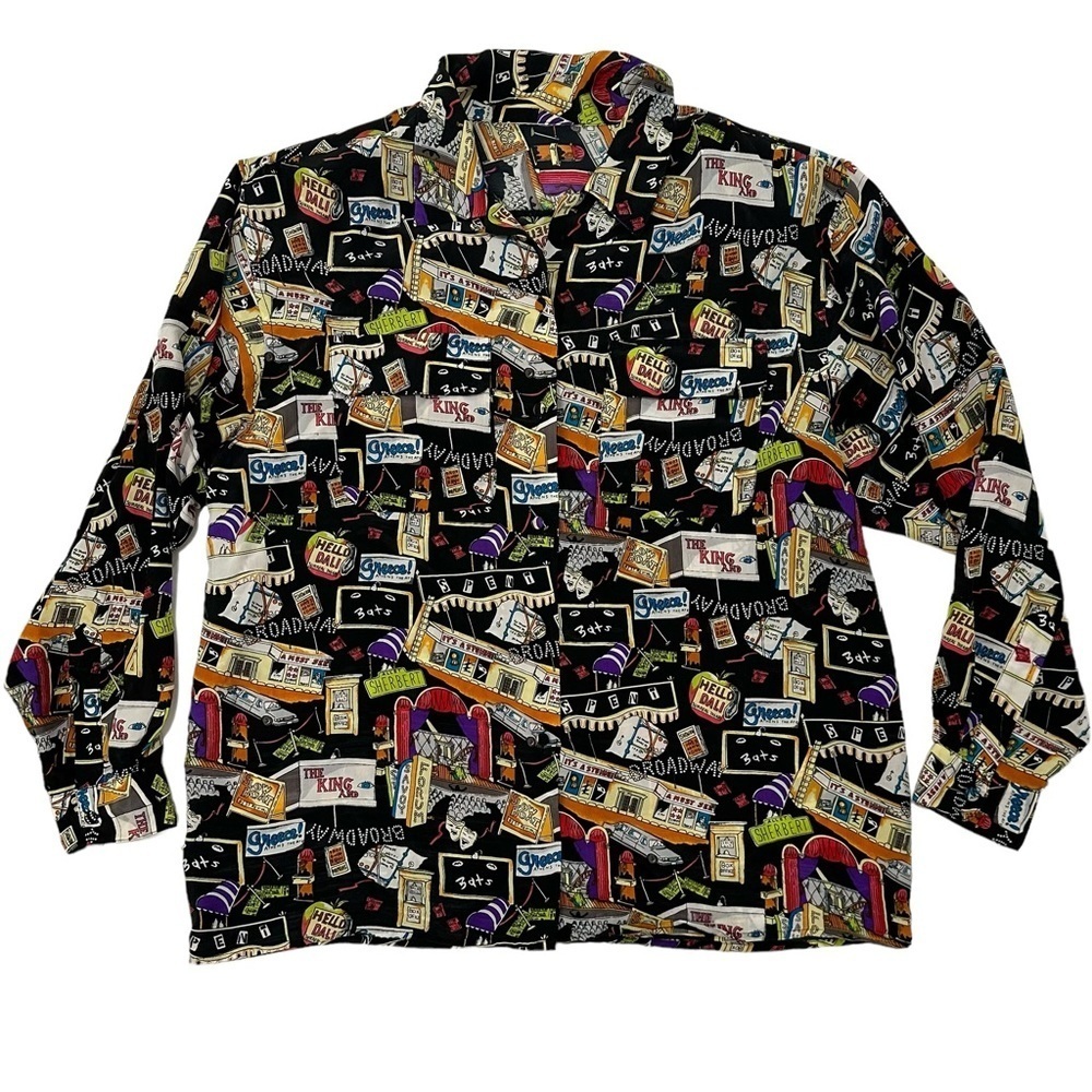1990s Nicole Miller Broadway Rent Cats Print Silk Shirt ~L Limited Edition Rare